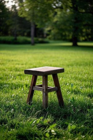 Wooden stool in the park on green grass and trees background.の素材