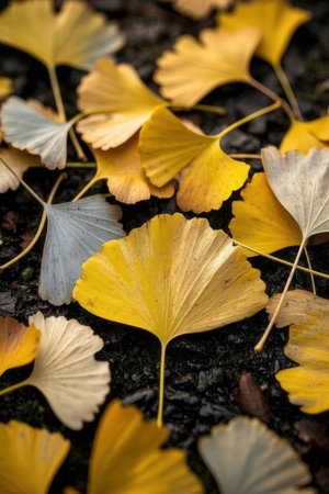 Ginkgo leaves on the ground. Autumn background. Texture.の素材