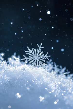 Snowflake on the snow. Christmas and New Year background with snowflakesの素材