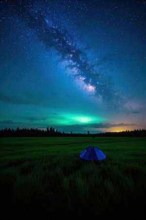 Milky Way over the rice field with camping tent at night.の素材