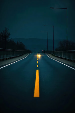 Highway at night with yellow line on the road. Long exposureの素材