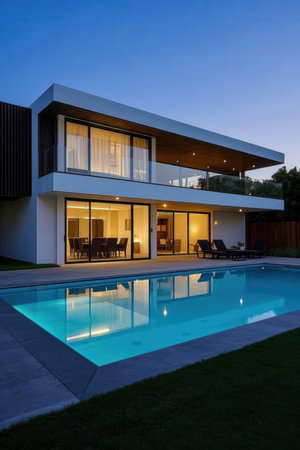 Modern house with swimming pool at night. Luxury villa in the evening.の素材