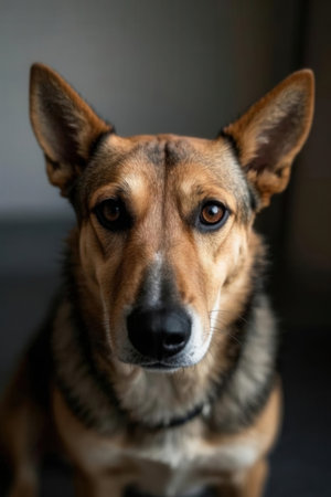 Portrait of a mixed breed dog on a background of gray wallの素材