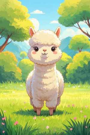 Illustration of a cute white alpaca in a meadowの素材
