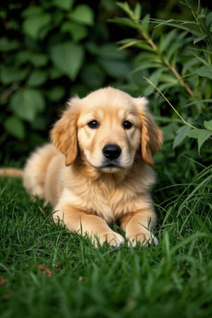 Golden Retriever puppy sitting on the grass in the garden.の素材
