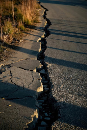 A crack in the asphalt road. Shallow depth of field.の素材