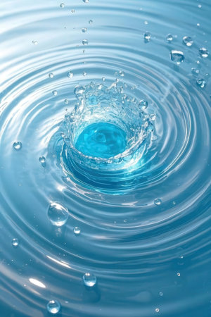 Water drop with ripples and waves on blue background. Close upの素材