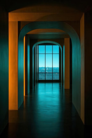 Hallway with view of the sea and mountains in the background.の素材
