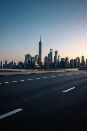 empty asphalt road with modern city skyline background in shanghai,China.の素材