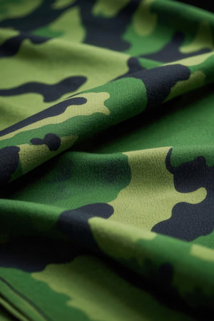 Military camouflage fabric texture background close up. Green and black colors.の素材