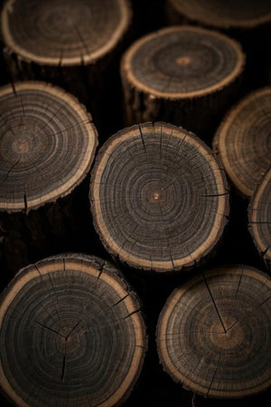 Pile of wood logs, background, texture, close-upの素材