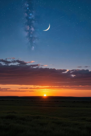 Beautiful sunset in the steppe with a crescent moon and starsの素材