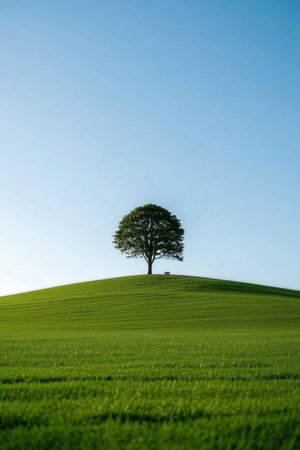 Lonely tree on a green field with blue sky background.の素材