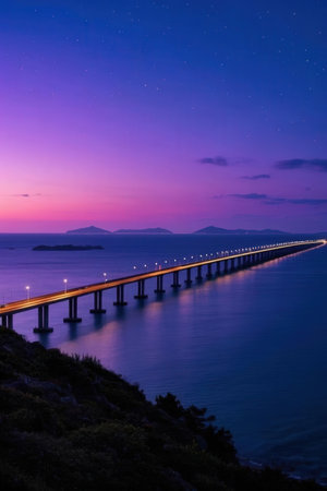 Night view of the bridge over the sea. Long exposure photo.の素材