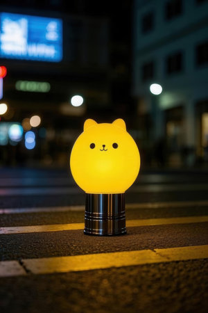 Yellow cat toy on the road at night. Selective focus.の素材