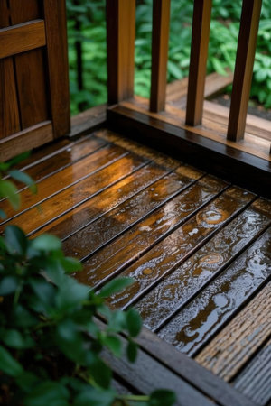 Raindrops on a wooden terrace with green plants in the backgroundの素材