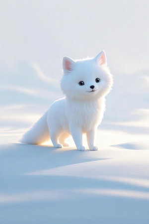 Cute white pomeranian dog standing on snow background in winterの素材
