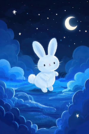 Illustration of a cute white rabbit sitting in the moonlight.の素材