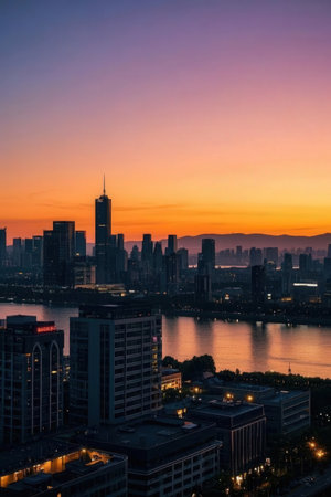 Shanghai skyline at sunset, China. Shanghai is the capital of China.の素材