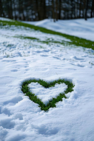 Heart shape made of green grass in the snow. Love concept.の素材