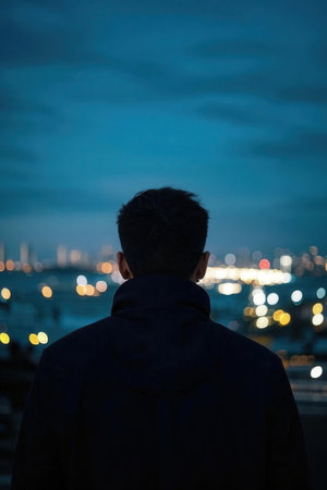 Silhouette of a young man looking at the night city.の素材