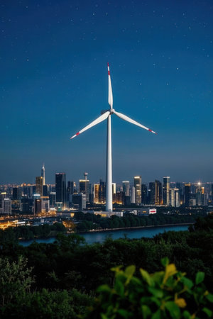 modern cityscape with wind turbine at night, Chengdu, Chinaの素材