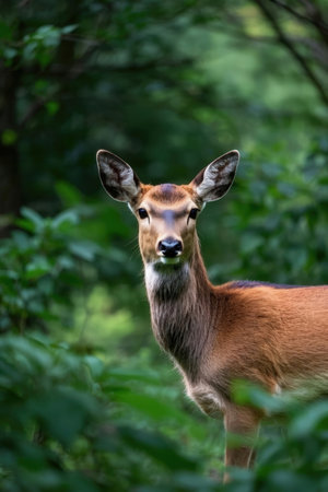 Close-up of a young male deer in the forest in summerの素材