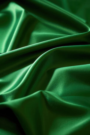 Green satin background. Close up of green satin background.の素材