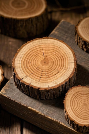 Cross section of tree trunk on a wooden table. Selective focus.の素材