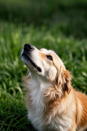 golden retriever dog portrait in green grass, shallow depth of fieldの素材
