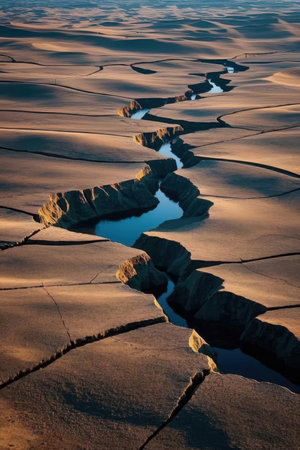 Aerial view of the arid and cracked earth at sunset.の素材