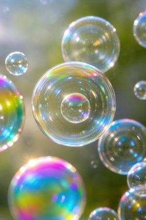 Soap bubbles in the green grass with bokeh background.の素材
