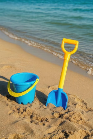 Blue bucket and shovel on the sand near the sea. Focus on bucketの素材