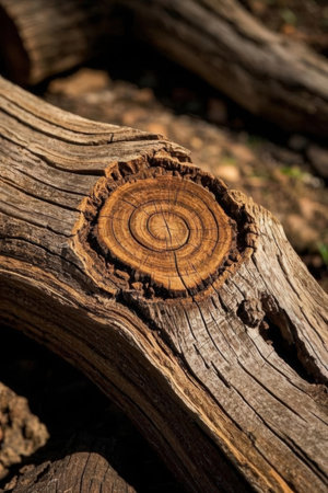 Wooden stump with annual rings in the forest, close-upの素材