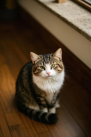 Beautiful cat sitting on the wooden floor and looking at the cameraの素材