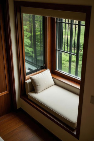 Sofa in the interior of a room with a large windowの素材