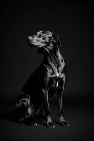 Studio shot of a black Great Dane sitting on a black background.の素材