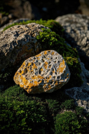Stone with moss and lichen in the garden. Selective focus.の素材