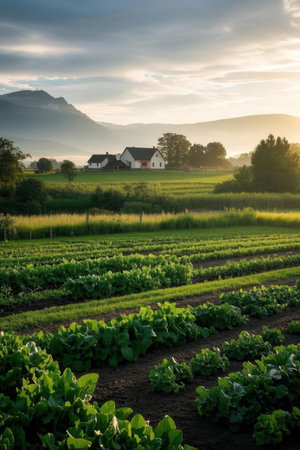 Lettuce field in the morning light. Lettuce plantation.の素材