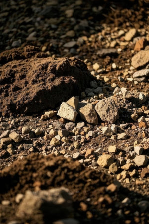Rocky ground with stones in the sunlight. Shallow depth of fieldの素材