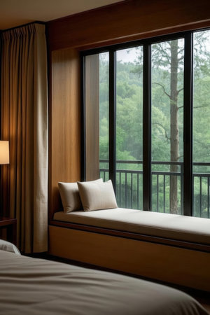 Interior of a hotel bedroom with a large window overlooking the forestの素材