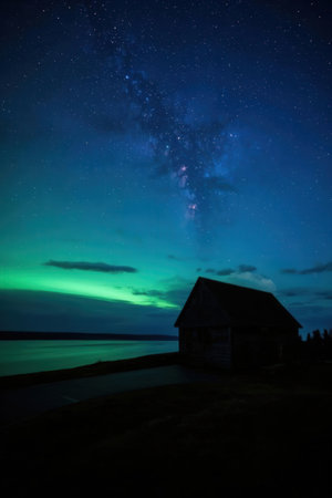 Milky Way over a house on the lake. Northern lights.の素材