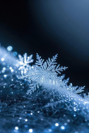 Christmas snowflakes on a dark blue background. Shallow depth of fieldの素材