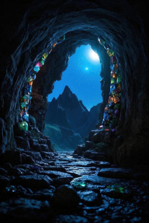 Fantasy dark tunnel with lights and stars. 3D rendering.の素材