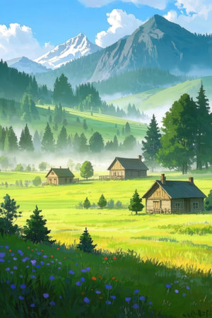 Landscape of meadow, mountains and village. Digital painting.の素材