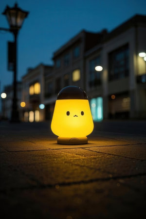 Lantern with a smiley face on the street at nightの素材