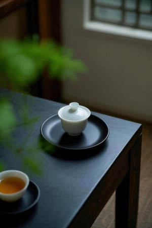 Chinese tea set on a table in a cafe. Selective focus.の素材