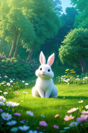 White rabbit sitting on the green grass with flowers in the garden.の素材