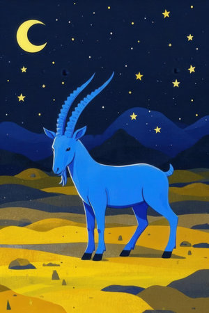 Illustration of a blue antelope on the background of the night skyの素材