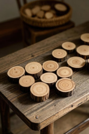 Wooden logs on a wooden table in a rustic style.の素材